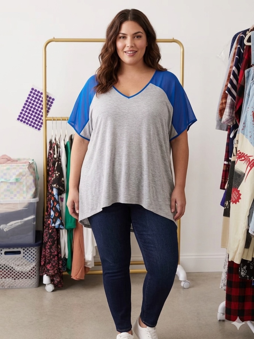 torrid Gray V-Neck Top with Royal Blue Sheer Raglan Sleeves